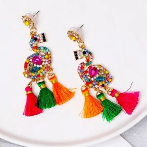Flamingo With Tassels And Rhinestones Earrings